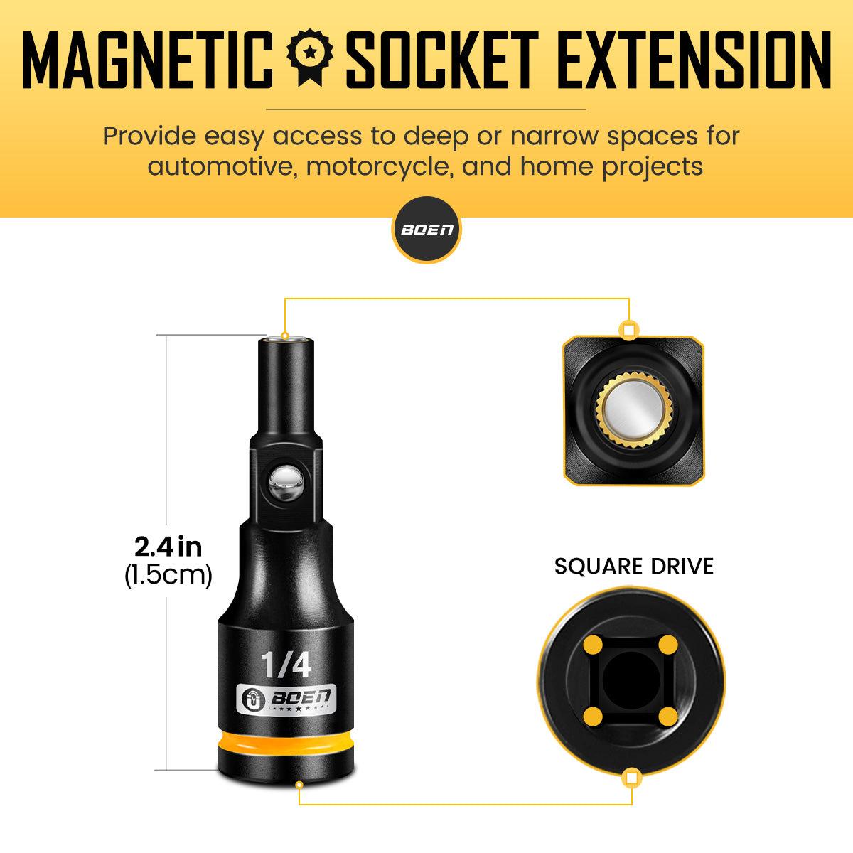 BOEN Magnetic Socket Extension, 1/4" Drive Magnetic Socket Adapters for Keep Bolts, CR-MO Steel Extension Bars with Magnetic Tips