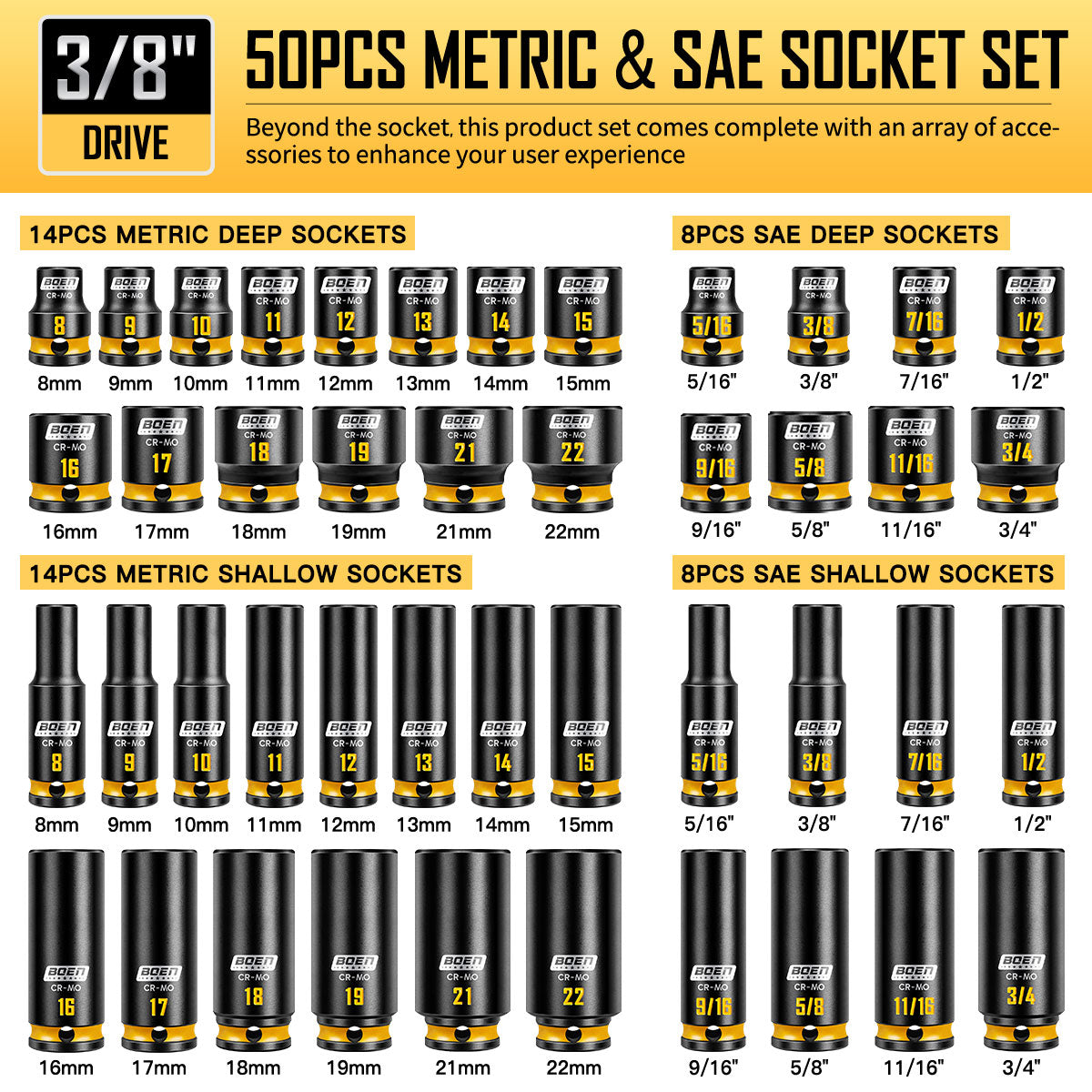 boen 3/8'' Drive Impact Socket Set, 50PCS Standard SAE (5/16 to 3/4 inch) and Metric (8mm-22mm), Deep & Shallow Size, 6-Point with Yellow Embossed Marking, CR-MO