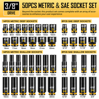 boen 3/8'' Drive Impact Socket Set, 50PCS Standard SAE (5/16 to 3/4 inch) and Metric (8mm-22mm), Deep & Shallow Size, 6-Point with Yellow Embossed Marking, CR-MO
