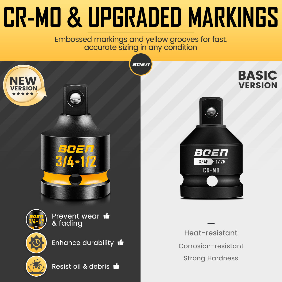 boen PRO 3/4" F to 1/2" M Impact Socket Reducer, Impact Driver Conversions for Impact Wrench, CR-MO Steel, Embossed and Painted Marking