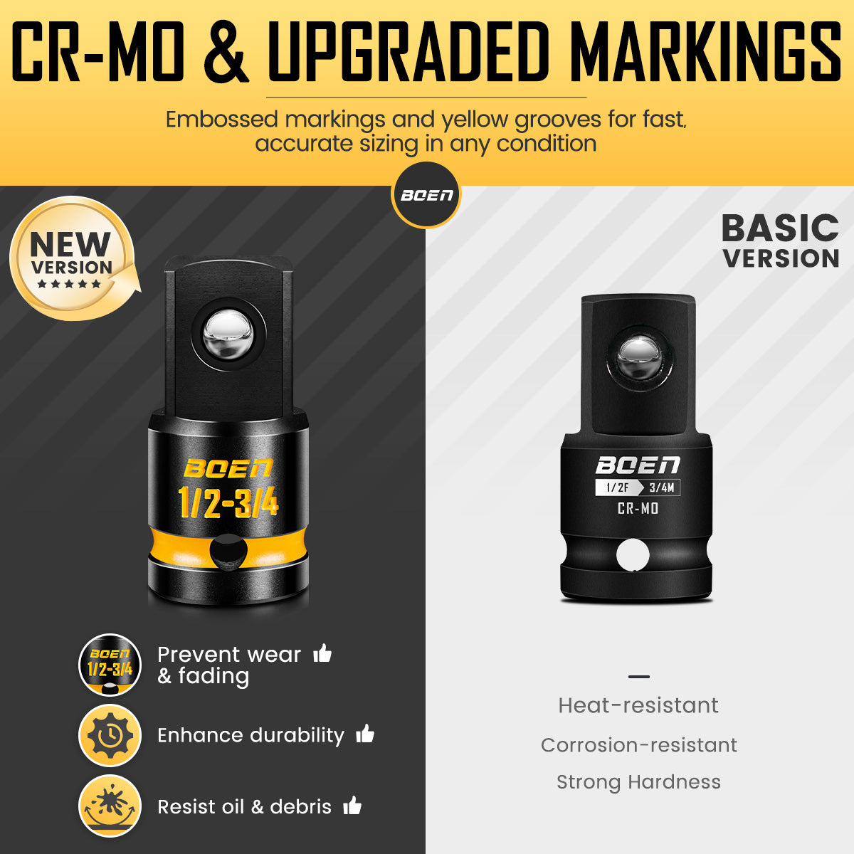 boen PRO 1/2" F to 3/4" M Impact Socket Adapter, Impact Driver Conversions for Impact Wrench, CR-MO Steel, Embossed and Painted Marking