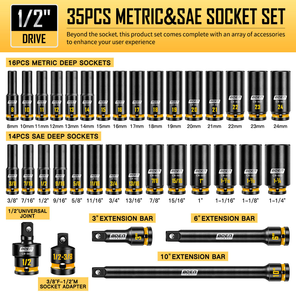 boen 1/2'' Drive Impact Socket Set, 35PCS SAE (3/8 to 1-1/4 inch) and Metric (8mm-24mm), Deep Socket Set, 6-Point with Yellow Embossed Marking, CR-MO