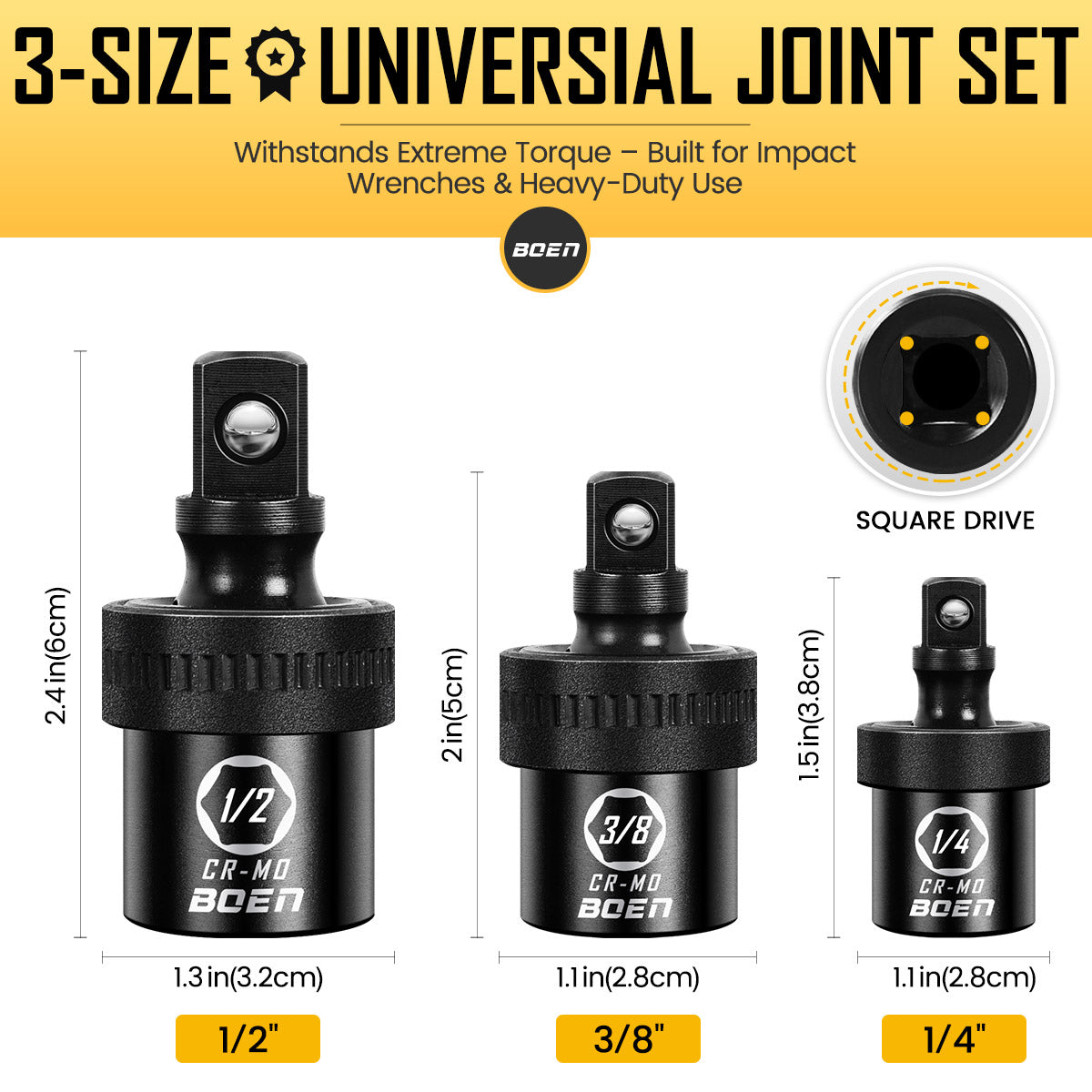 boen Impact Universal Joint Set 1/2", 3/8", 1/4" Drive, 3-Piece Swivel Socket Extensions, Impact Grade Wobble Set Meets ANSI Standards with 2 Size Markings, Chrome Molybdenum Steel for Impact Wrench