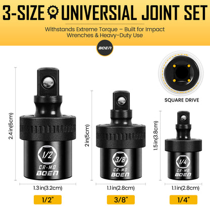 boen Impact Universal Joint Set 1/2", 3/8", 1/4" Drive, 3-Piece Swivel Socket Extensions, Impact Grade Wobble Set Meets ANSI Standards with 2 Size Markings, Chrome Molybdenum Steel for Impact Wrench