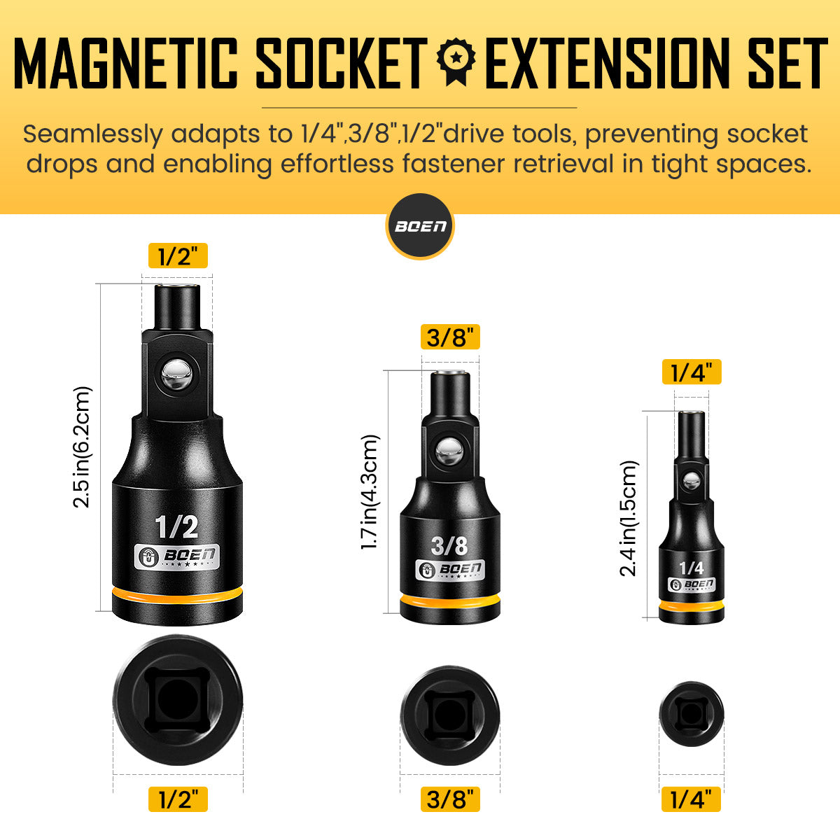 BOEN 3-Piece Magnetic Socket Extension Set, 1/4", 3/8", 1/2" Drive for Automotive and DIY Repairs, Tight Spaces, Mechanics & Home Use
