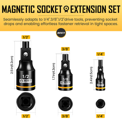 BOEN 3-Piece Magnetic Socket Extension Set, 1/4", 3/8", 1/2" Drive for Automotive and DIY Repairs, Tight Spaces, Mechanics & Home Use