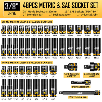 boen 3/8" Drive Impact Socket Set, 48-Piece Metric & SAE Size (8-22mm & 5/16"-3/4"), 6-Point Deep & Shallow Socket Set with Extension Bars, Adapter and Universal Joint, CR-MO Steel