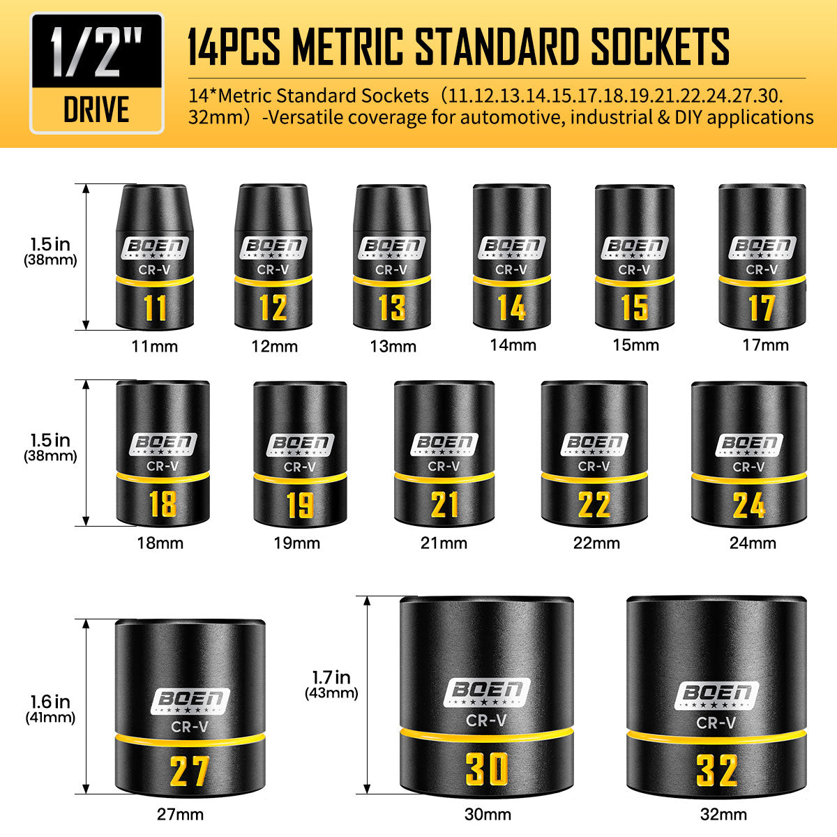 BOEN 14-Piece 1/2" Drive Shallow Impact Socket Set, Metric(11-32mm), 6-Point with Yellow Embossed Marking, Cr-V Steel, Storage Box