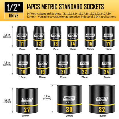 BOEN 14-Piece 1/2" Drive Shallow Impact Socket Set, Metric(11-32mm), 6-Point with Yellow Embossed Marking, Cr-V Steel, Storage Box