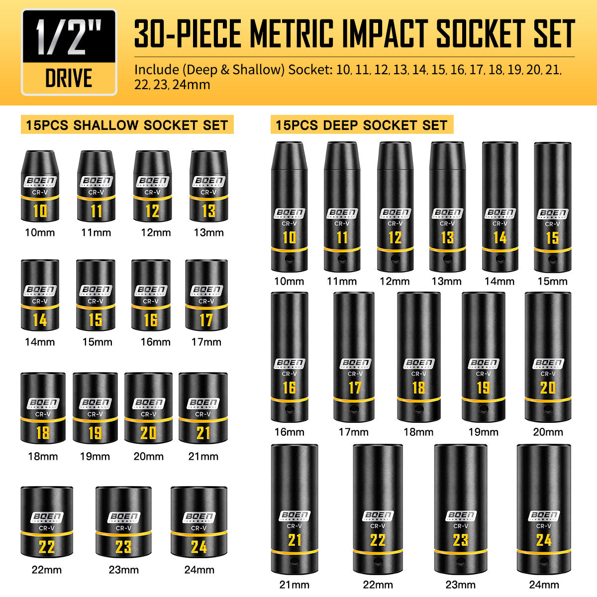 BOEN 1/2" Drive Impact Socket Set, 65-Piece Standard SAE (3/8" to 1-1/4") & Metric (10mm-24mm) Deep & Shallow Socket with Embossed Painted Marking, Includes Adapters, Ratchet Wrench, Extension Bars