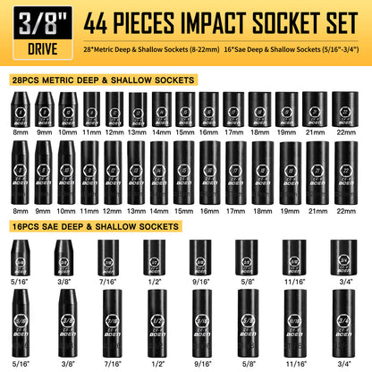 BOEN 3/8" Drive Impact Socket Set, 6 Point 44-Piece SAE (5/16 to 3/4 inch) and Metric (8-19mm, 21mm, 22mm) Full, Deep & Shallow Socket Kit, Cr-V Steel for Impact Wrench and Ratchet Handle