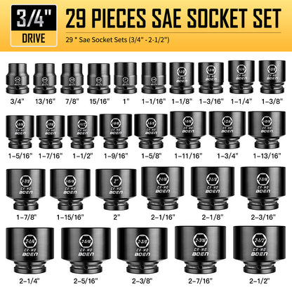 Boen 3/4" Drive SAE Impact Socket Set, 3/4 inch - 2-1/2 inch Large Sockets, 6-Point Sockets, Rugged Construction, CR-MO, Standard Socket Set, 29PCS with Storage Case