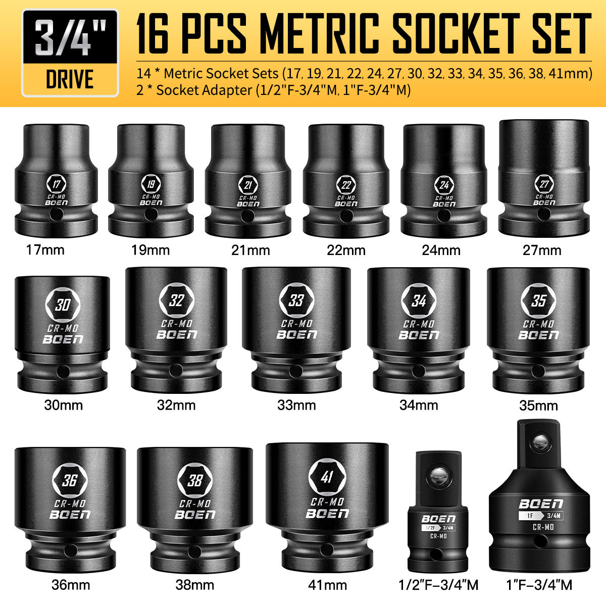 boen 3/4" Drive Metric Socket Set, 17mm - 41mm Large Impact Sockets, 6-Point CR-MO Steel, Rugged Construction,16PCS with a Storage Case, for Large Vehicle and Machinery Maintenance