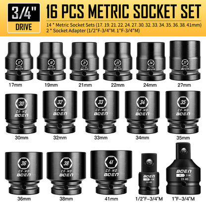 boen 3/4" Drive Metric Socket Set, 17mm - 41mm Large Impact Sockets, 6-Point CR-MO Steel, Rugged Construction,16PCS with a Storage Case, for Large Vehicle and Machinery Maintenance