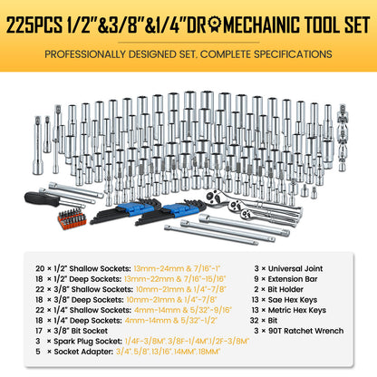 BOEN 225PCS Mechanic Tool Set, 1/4" & 3/8" & 1/2" Drive Socket Wrench Set, Metric and Standard Full Socket Set, with 90-Tooth Ratchet, Auto and Bike Repair with Heavy Duty Case