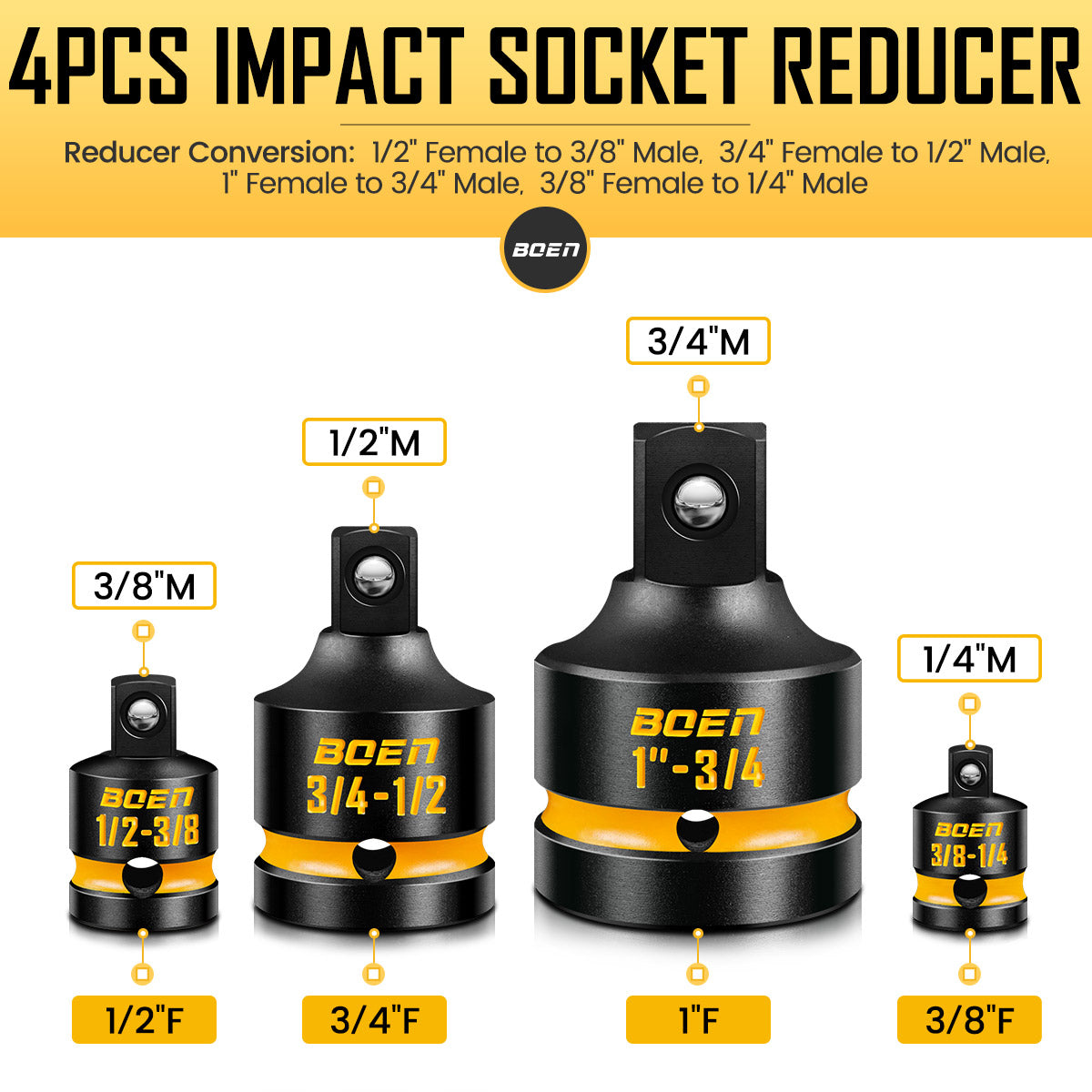 BOEN 8-Piece Impact Socket Adapter & Reducer Set, 1/4, 3/8, 1/2", 3/4", Cr-Mo Steel Impact Driver & Wrench Conversion Kit with Deep Embossed and Painted Marking