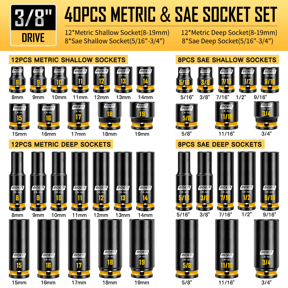 BOEN 3/8" Drive Impact Socket Set, 67 Piece Metric (8-19mm) and Standard SAE (5/16"-3/4") with Shallow & Deep Sockets, Includes Swivel Sockets, Extension Bars, Adapters & Universal Joint, CR-MO Steel