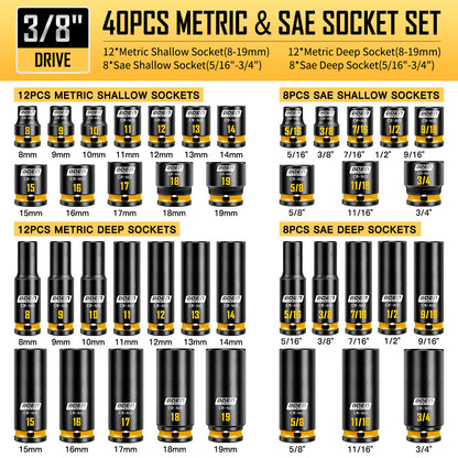 BOEN 3/8" Drive Impact Socket Set, 67 Piece Metric (8-19mm) and Standard SAE (5/16"-3/4") with Shallow & Deep Sockets, Includes Swivel Sockets, Extension Bars, Adapters & Universal Joint, CR-MO Steel