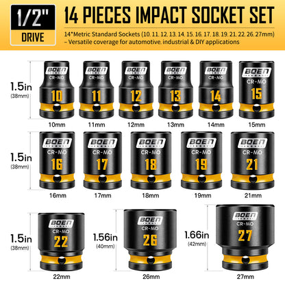 BOEN Pro 1/2" Drive Shallow Impact Socket Set, 14-Piece 6-Point Metric (10-19mm, 21, 22, 26, 27mm) Standard Socket Kit with Deep Embossed and Painted Marking, CR-MO, Includes Rugged PP Case