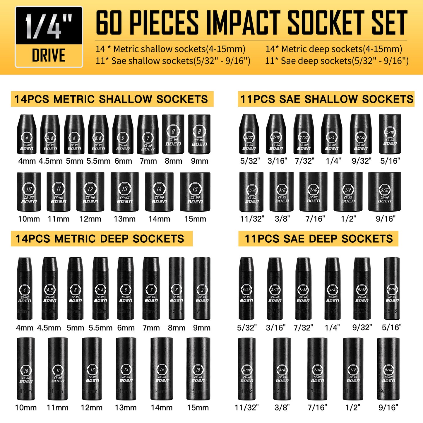 BOEN 1/4" Drive Impact Socket Set, 60-Piece Standard SAE (5/32"-9/16") & Metric (4-15mm), Deep & Shallow Kit, Includes Ratchet Handle,E-torx sockets, Reducer, Extension Bar, Universal Joint