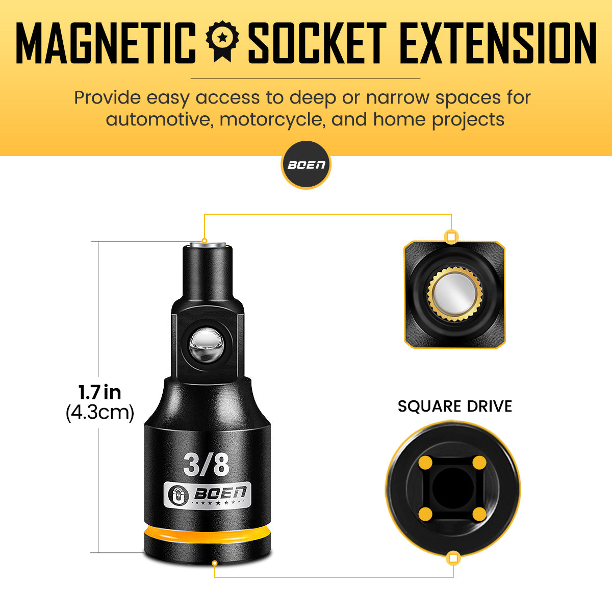 BOEN Magnetic Socket Extension, 3/8" Drive Magnetic Socket Adapters for Keep Bolts, CR-MO Steel Extension Bars with Magnetic Tips