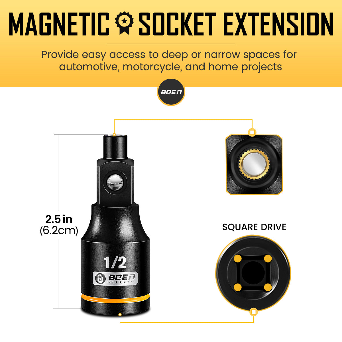 boen Magnetic Socket Extension, 1/2" Drive Magnetic Socket Adapters for Keep Bolts, CR-MO Steel Extension Bars with Magnetic Tips