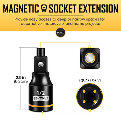 boen Magnetic Socket Extension, 1/2" Drive Magnetic Socket Adapters for Keep Bolts, CR-MO Steel Extension Bars with Magnetic Tips