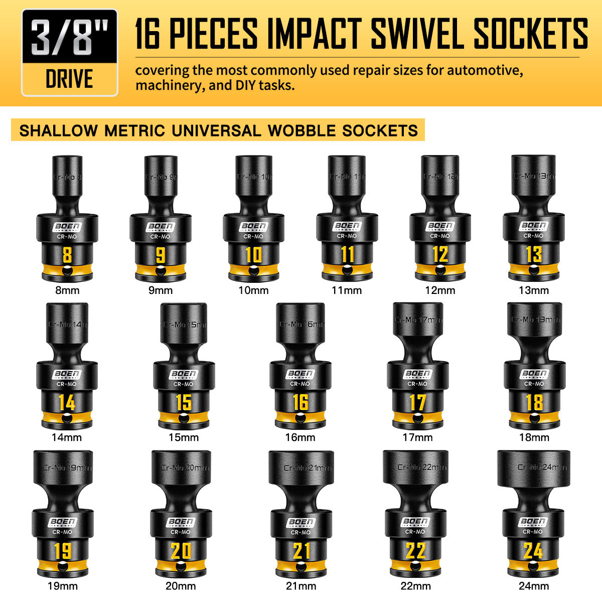 BOEN Pro 3/8 Inch Drive Impact Swivel Socket set, 16-Pieces 8-24mm, 6-Point Shallow Metric Universal Wobbly Sockets With Painted Marking, Cr-Mo, Include PP Case, Fit Into Tight and Narrow Spaces