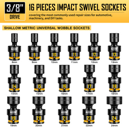 BOEN Pro 3/8 Inch Drive Impact Swivel Socket set, 16-Pieces 8-24mm, 6-Point Shallow Metric Universal Wobbly Sockets With Painted Marking, Cr-Mo, Include PP Case, Fit Into Tight and Narrow Spaces