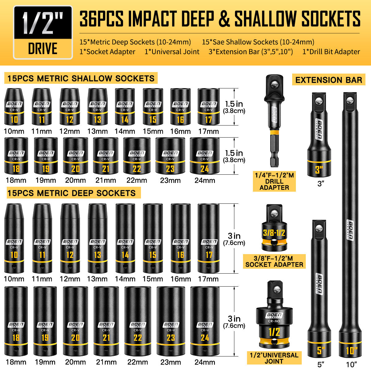 boen 1/2" Drive Impact Socket Set, 36PCS Metric (10-24mm) Deep & Shallow Sockets, 6 Point Design, with Extension Bars, Adapters, Universal Joint, Yellow Embossed Marking