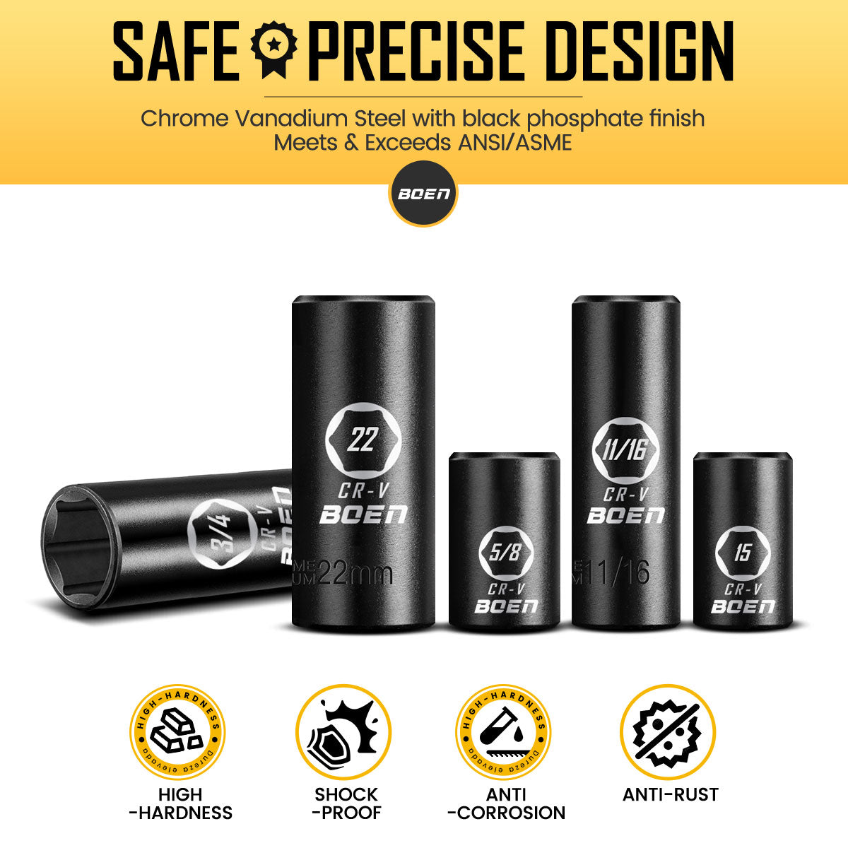 BOEN 3/8" Drive Impact Socket Set, 6 Point 44-Piece SAE (5/16 to 3/4 inch) and Metric (8-19mm, 21mm, 22mm) Full, Deep & Shallow Socket Kit, Cr-V Steel for Impact Wrench and Ratchet Handle