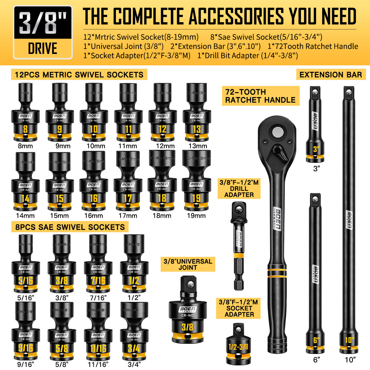 BOEN 3/8" Drive Impact Socket Set, 67 Piece Metric (8-19mm) and Standard SAE (5/16"-3/4") with Shallow & Deep Sockets, Includes Swivel Sockets, Extension Bars, Adapters & Universal Joint, CR-MO Steel