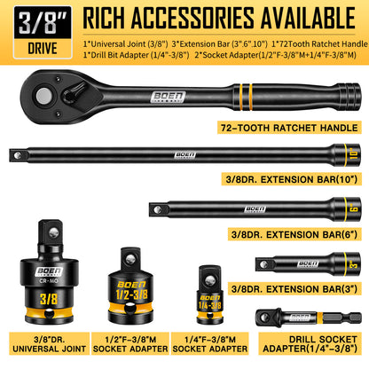 BOEN 3/8" Drive Impact Socket Set, 60PCS Metric (6-22mm) & Standard SAE (5/16"-3/4") Shallow & Deep Sockets, 6-Point Yellow Embossed Marking, with Ratchet Wrench & 7 x 10mm Sockets for Auto Repair