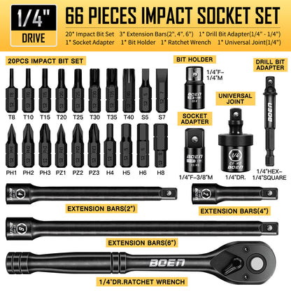 BOEN 1/4" Drive Metric Impact Socket Set, 66-Piece (4-14mm) Deep & Shallow Kit, Includes 5-15mm Swivel Sockets, 72T Ratchet Handle, 2", 4", 6" Extension Bar, Adapters, Universal Joint & Impact Bit
