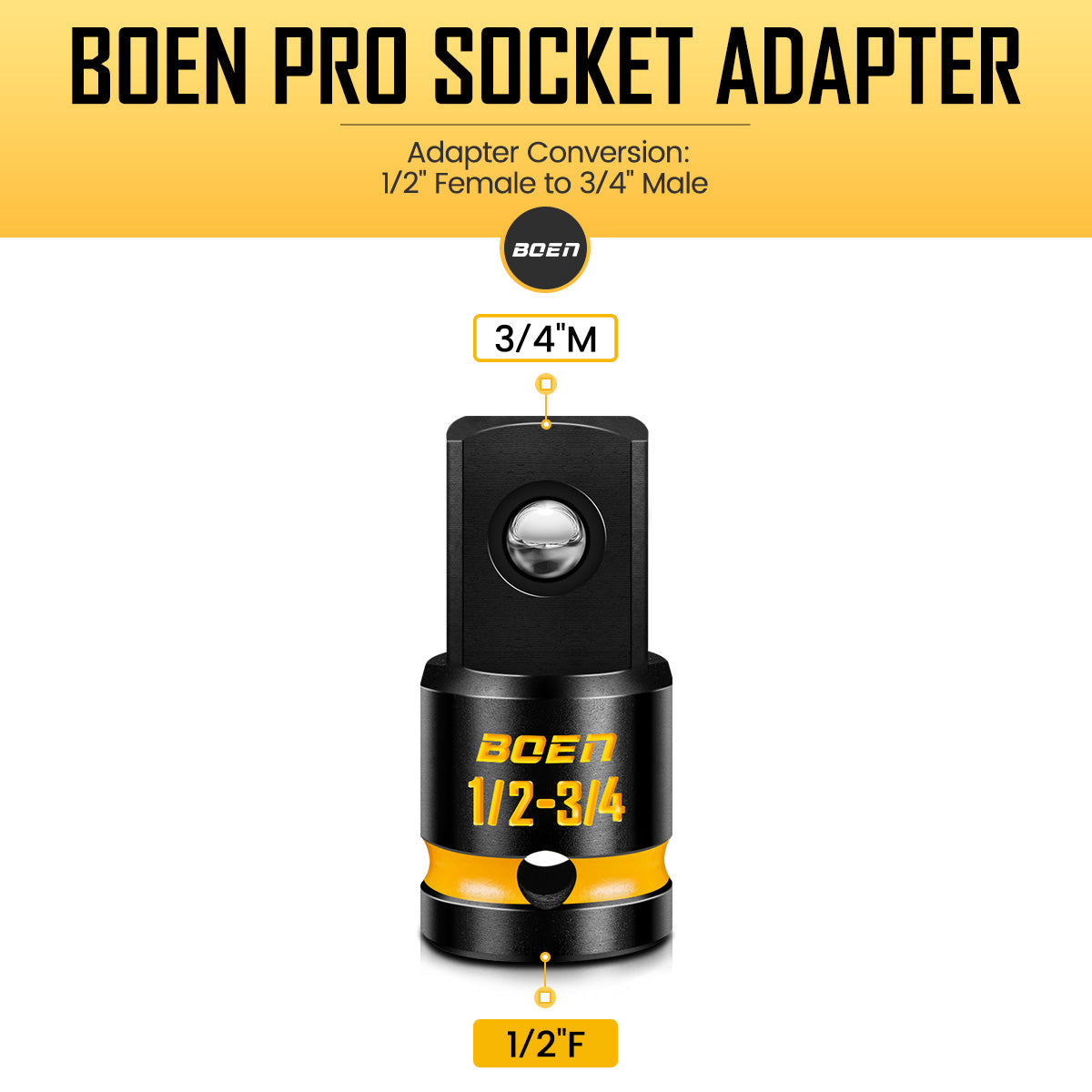 boen PRO 1/2" F to 3/4" M Impact Socket Adapter, Impact Driver Conversions for Impact Wrench, CR-MO Steel, Embossed and Painted Marking