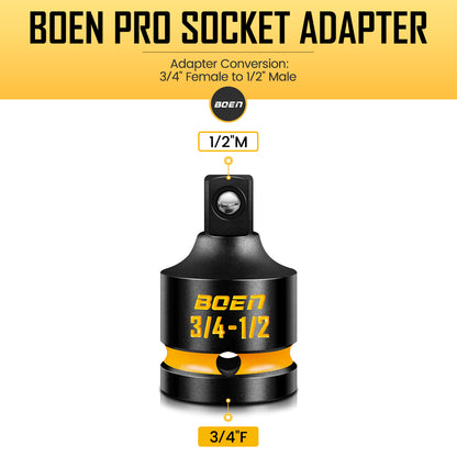 boen PRO 3/4" F to 1/2" M Impact Socket Reducer, Impact Driver Conversions for Impact Wrench, CR-MO Steel, Embossed and Painted Marking