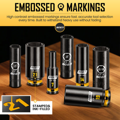 boen 13PCS 7mm-21mm 3/8” Drive Metric Socket Set, Impact Deep Socket, 6-Point with Yellow Embossed Marking, CR-MO Steel