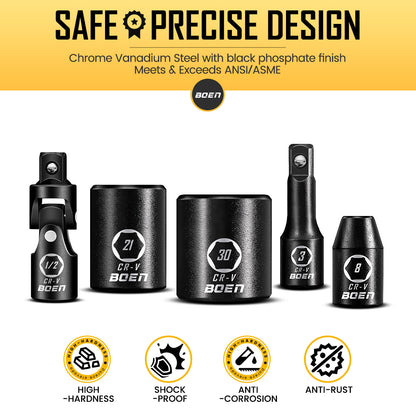 boen 8mm-32mm 1/2” Drive Metric Socket Set, Impact Shallow Socket, 6 Point Lug Nut Socket for Auto Repair with Portable Case, CR-V Steel, 29PCS