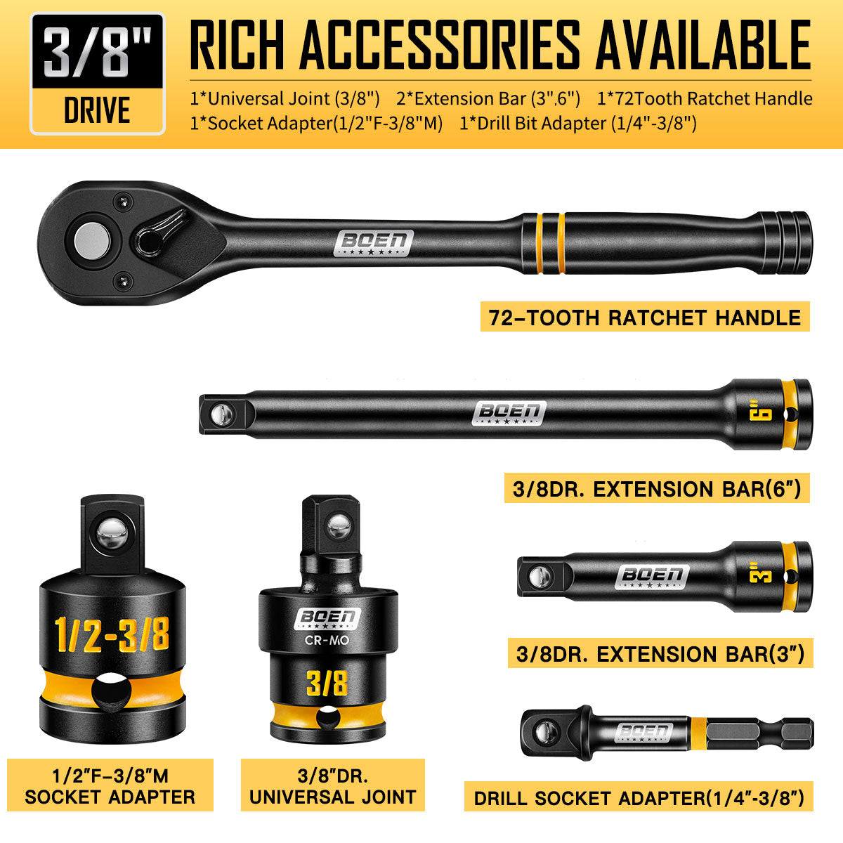 boen 3/8'' Drive Impact Socket Set, 50PCS Standard SAE (5/16 to 3/4 inch) and Metric (8mm-22mm), Deep & Shallow Size, 6-Point with Yellow Embossed Marking, CR-MO