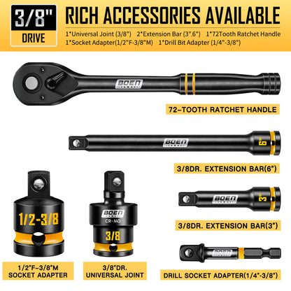 boen 3/8'' Drive Impact Socket Set, 50PCS Standard SAE (5/16 to 3/4 inch) and Metric (8mm-22mm), Deep & Shallow Size, 6-Point with Yellow Embossed Marking, CR-MO