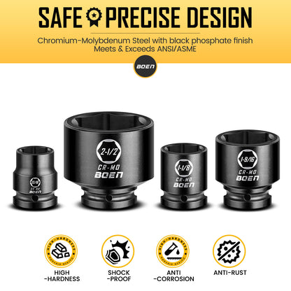 Boen 3/4" Drive SAE Impact Socket Set, 3/4 inch - 2-1/2 inch Large Sockets, 6-Point Sockets, Rugged Construction, CR-MO, Standard Socket Set, 29PCS with Storage Case