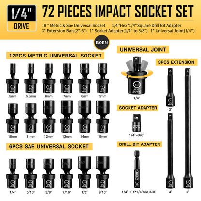 Boen Impact Socket Set 1/4 Inch Drive 72-Piece, 6-Point SAE(3/16-9/16 inch) and Metric (4-15mm) Sizes, Deep & Shallow Kit Includes Swivel Sockets, Extension Bar, Adapters & Universal Joint, CR-MO