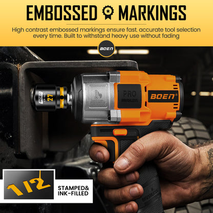 BOEN Pro 1/2" Drive Shallow Impact Socket Set, 14-Piece 6-Point Metric (10-19mm, 21, 22, 26, 27mm) Standard Socket Kit with Deep Embossed and Painted Marking, CR-MO, Includes Rugged PP Case