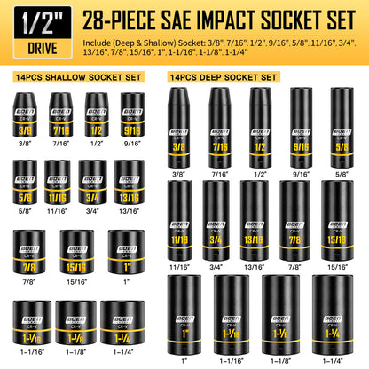 BOEN 1/2" Drive Impact Socket Set, 65-Piece Standard SAE (3/8" to 1-1/4") & Metric (10mm-24mm) Deep & Shallow Socket with Embossed Painted Marking, Includes Adapters, Ratchet Wrench, Extension Bars