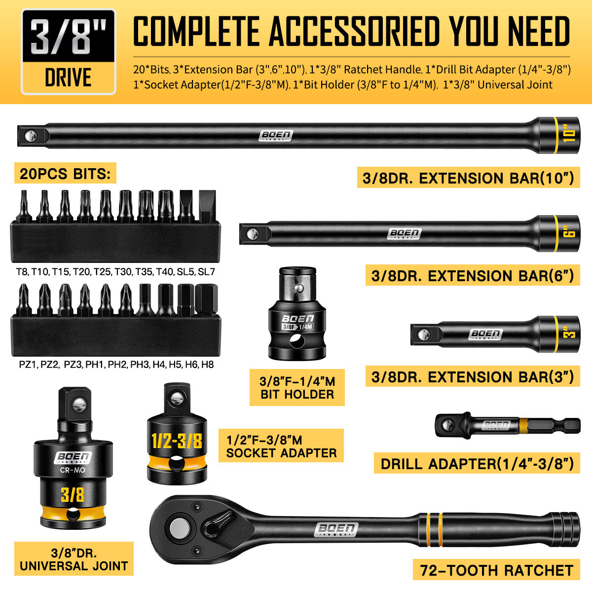 boen 3/8" Drive Impact Socket Set, 74PCS Metric (8-22mm) & SAE (5/16"-3/4"), 6-Point Deep Shallow Socket Set with Ratchet, Extension Bars, Spark Plug Sockets, Adapters, Yellow Embossed Marking, CR-V