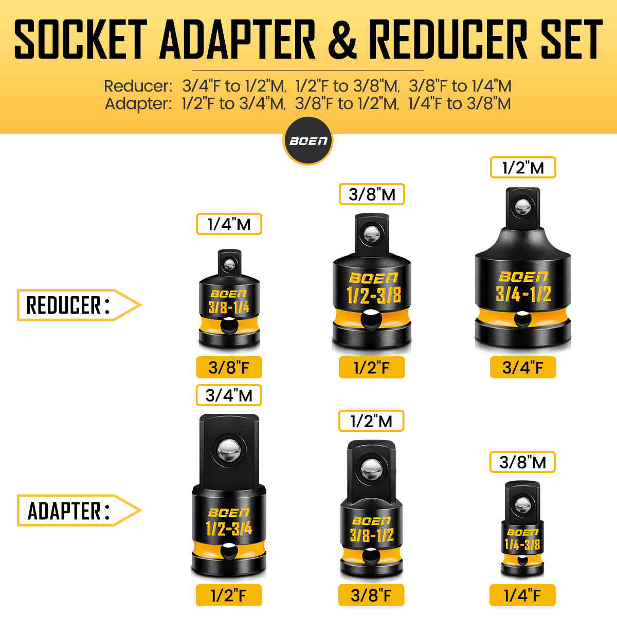 BOEN 9-Piece Impact Socket Adapter & Reducer Set, 1/4" & 3/8" & 1/2" &3/4" Drive Socket Adapter Set with Deep Embossed & Painted Markings, Include 1/4" Drive SAE Hex Shank Adapters