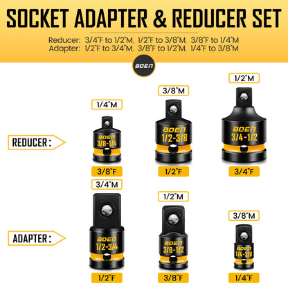 BOEN 9-Piece Impact Socket Adapter & Reducer Set, 1/4" & 3/8" & 1/2" &3/4" Drive Socket Adapter Set with Deep Embossed & Painted Markings, Include 1/4" Drive SAE Hex Shank Adapters