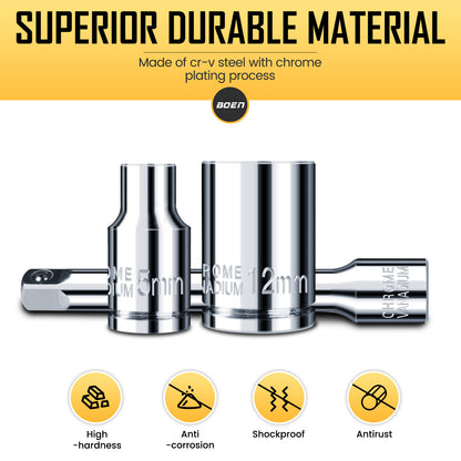 BOEN 25 Pieces 1/4" Drive Socket Set, SAE (5/32"-9/16") & Metric (4mm-14mm), 6-Point, Shallow Sockets with Ratchet, Extension Bars and Storage Case,Cr-V Steel