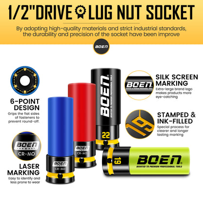 BOEN 1/2" Drive Impact Lug Nut Socket Set, 4 Pieces Non-Marring Thin Wall Wheel Protector Nut Socket, Metric (17, 19, 21, 22) mm, Color-Coded and Embossed and Painted Marking, CR-MO Steel