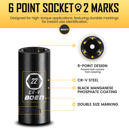 BOEN 3/8" Drive Impact Socket Set, 6 Point 44-Piece SAE (5/16 to 3/4 inch) and Metric (8-19mm, 21mm, 22mm) Full, Deep & Shallow Socket Kit, Cr-V Steel for Impact Wrench and Ratchet Handle